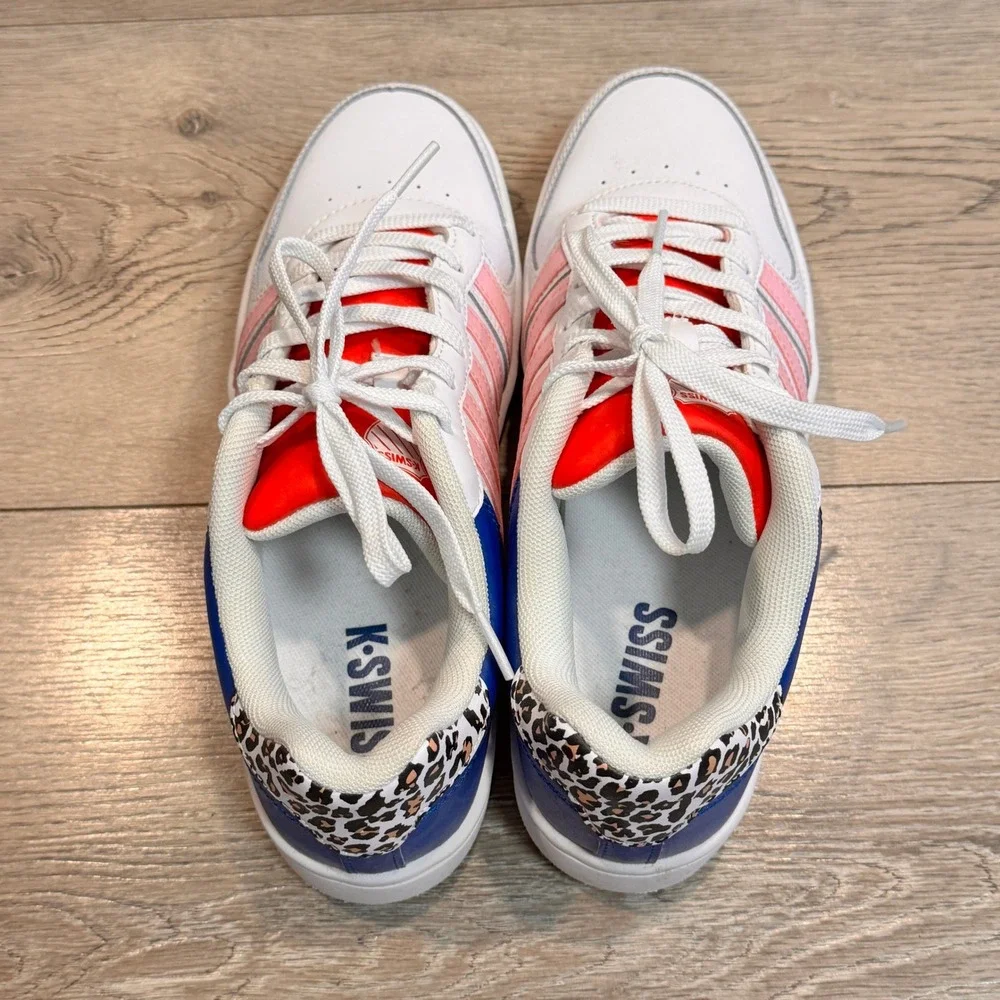 K Swiss Womens Low Top Sneakers White Pink‎ Blue Leopard Accent Lace Up Size 9